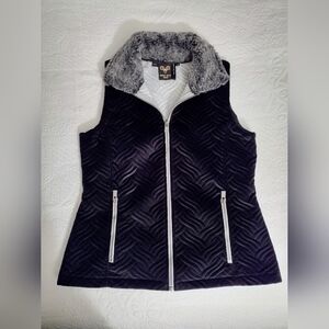 Wooly Bully Wear Quilted Black Velvet Zip Vest with Soft Gray Faux Fur Collar